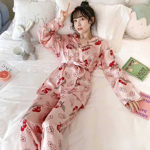 체리 패턴 실크 셔츠+바지 잠옷 SET