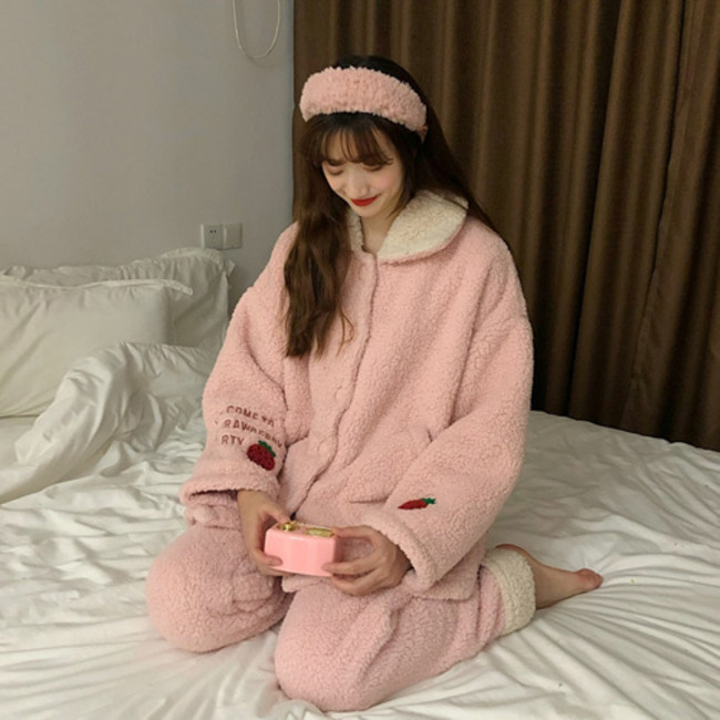 [당일출고]스트로베리 벨벳 자켓+수면 바지 잠옷세트 OR 원피스