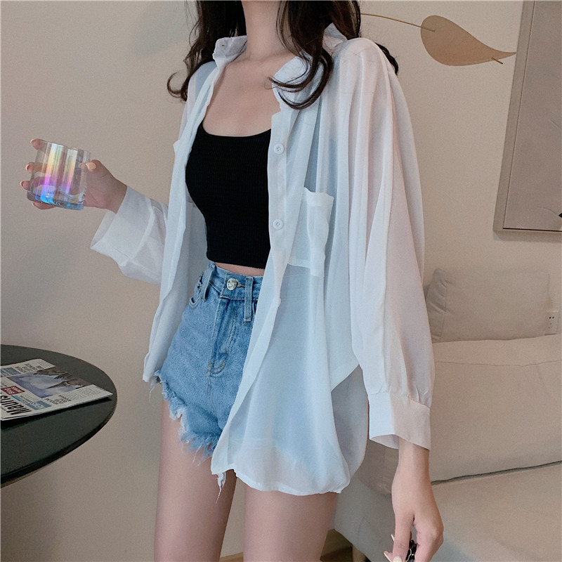 루즈핏 퍼프 소매 여름 얇은 자외선차단 화이트 셔츠