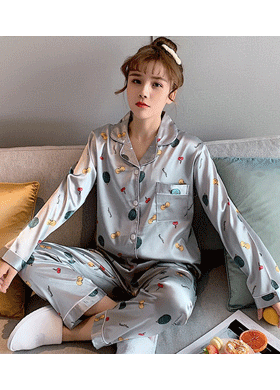 [M/L당일출고]과일 패턴 실크 셔츠+바지 잠옷 SET