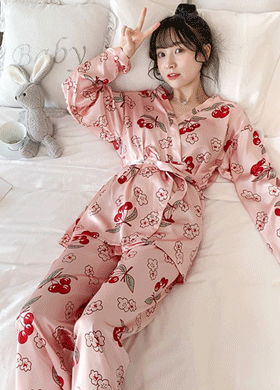 체리 패턴 실크 셔츠+바지 잠옷 SET