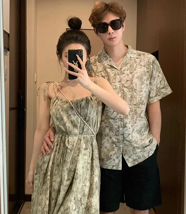커플 바캉스 꽃무늬 나시 원피스/휴양지 반팔 셔츠 코디세트