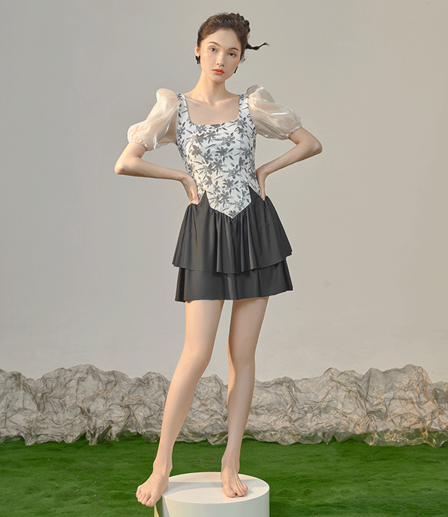 시스루 퍼프 꽃무늬 수영복 원피스