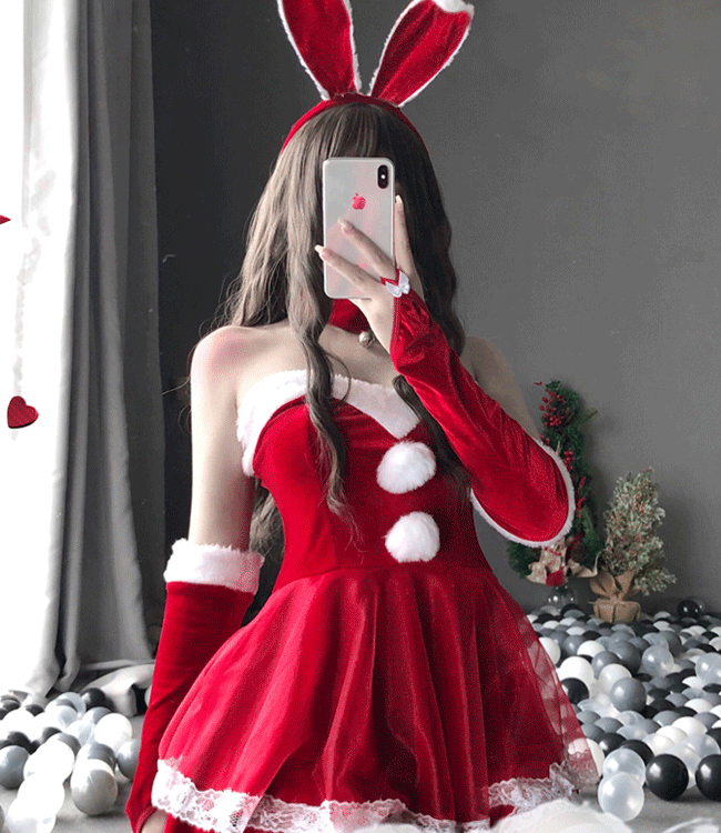 [핑크S/M 당일출고] [소품증정]토끼귀 산타 코스프레 크리스마스 원피스