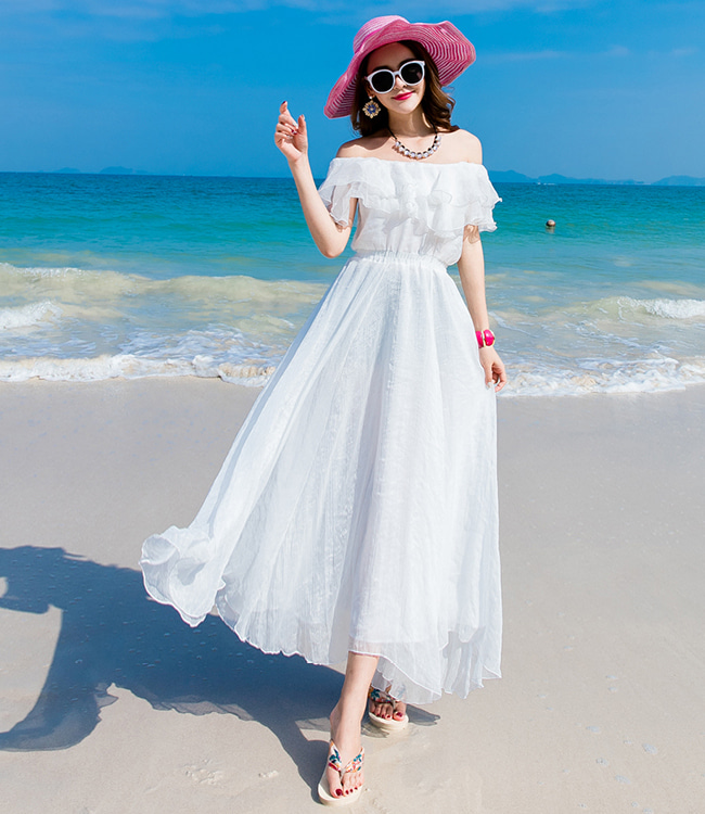 [s당일출고]화이트 프릴 오프숄더 맥시원피스 드레스