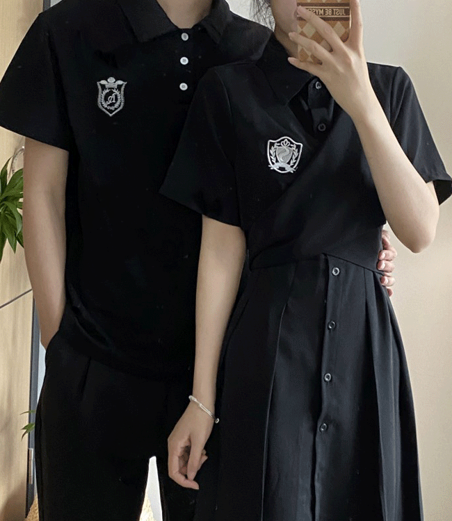 데일리 커플 카라 핀턱 원피스/남자 블랙 티셔츠 코디세트