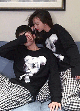 큐티 곰 커플 티셔츠+체크 팬츠 잠옷 SET
